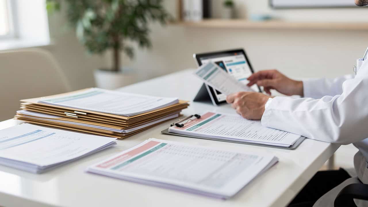 Medical records on a desk help explain Online pathology consultation costs for a second opinion.