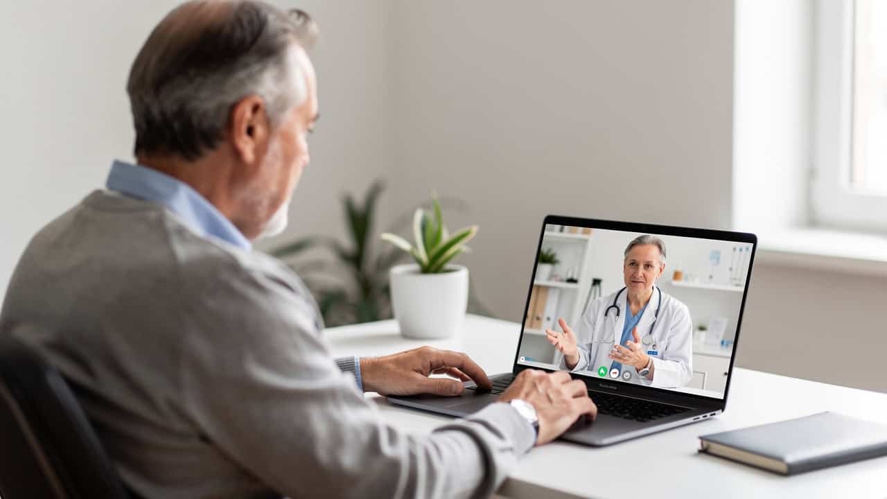 A patient discusses Online pathology consultation costs during a telemedicine video consultation.