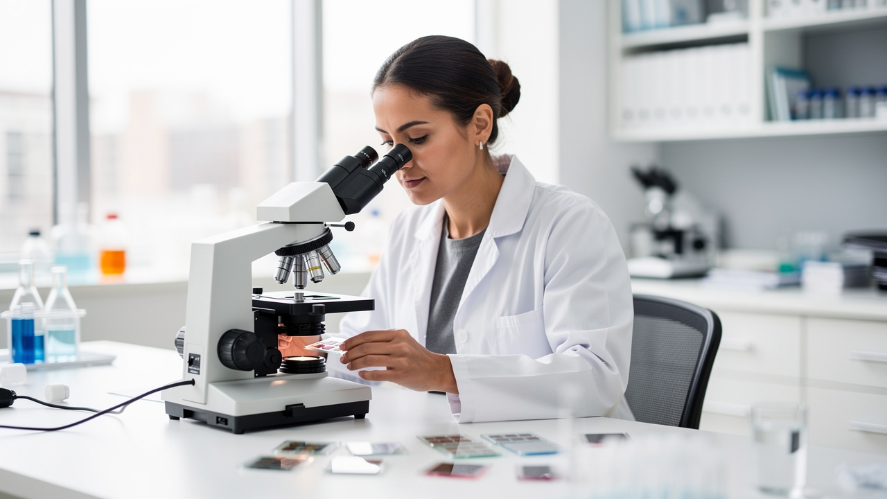 A pathologist reviews slides while considering pathologist consultation questions about a diagnosis.