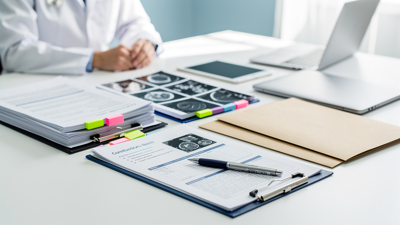 Medical records and reports are organized to prepare pathologist consultation questions for review.