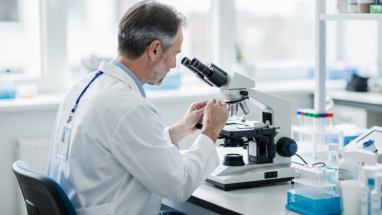 A pathologist at a microscope performs Pathology consultation before treatment in a laboratory.