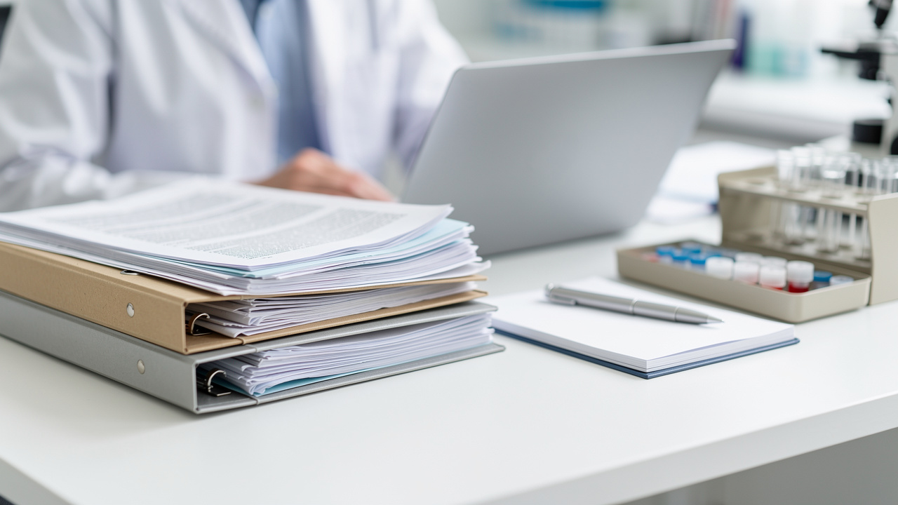Medical records on a desk represent Pathology consultation before treatment and diagnostic review.