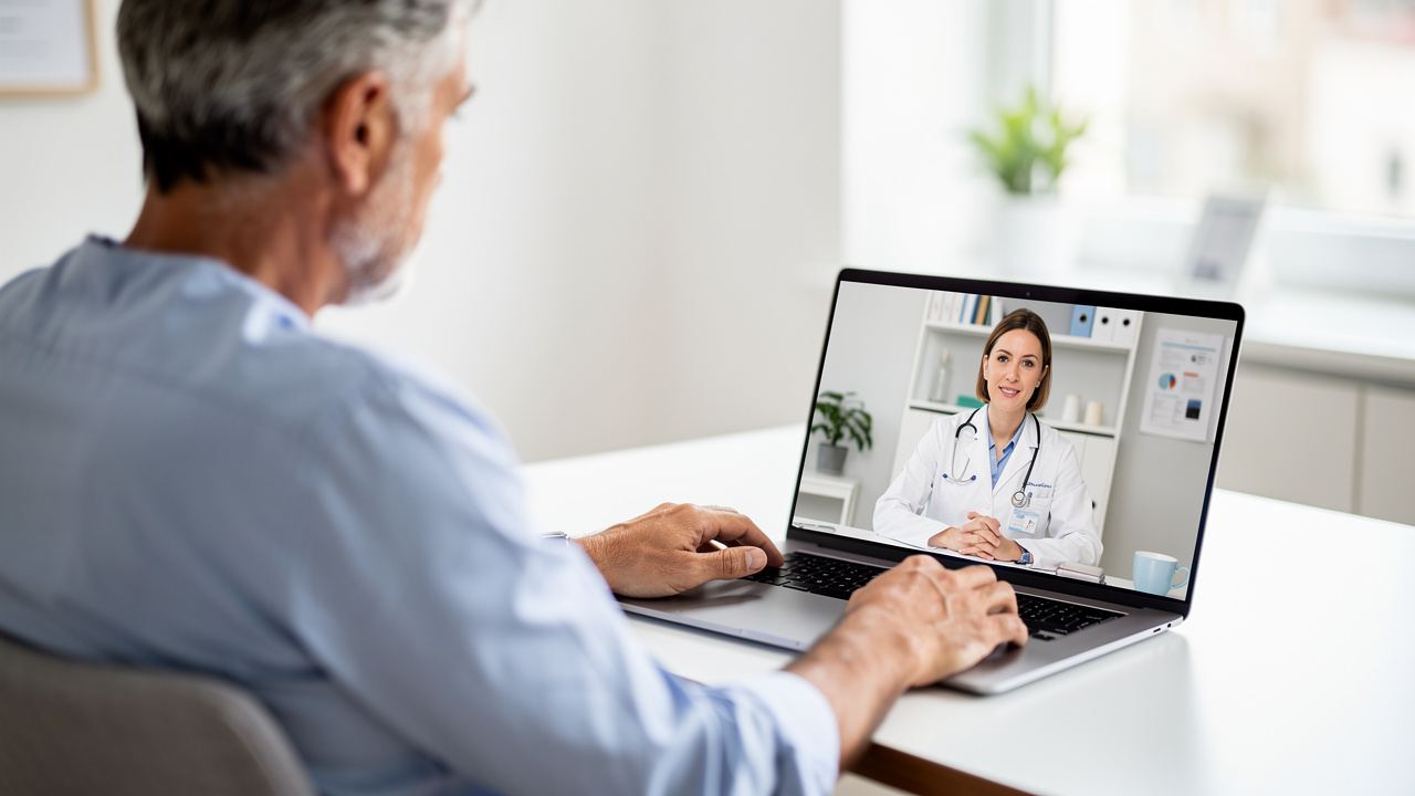 A patient uses telemedicine to discuss Pathology consultation before treatment with a specialist.