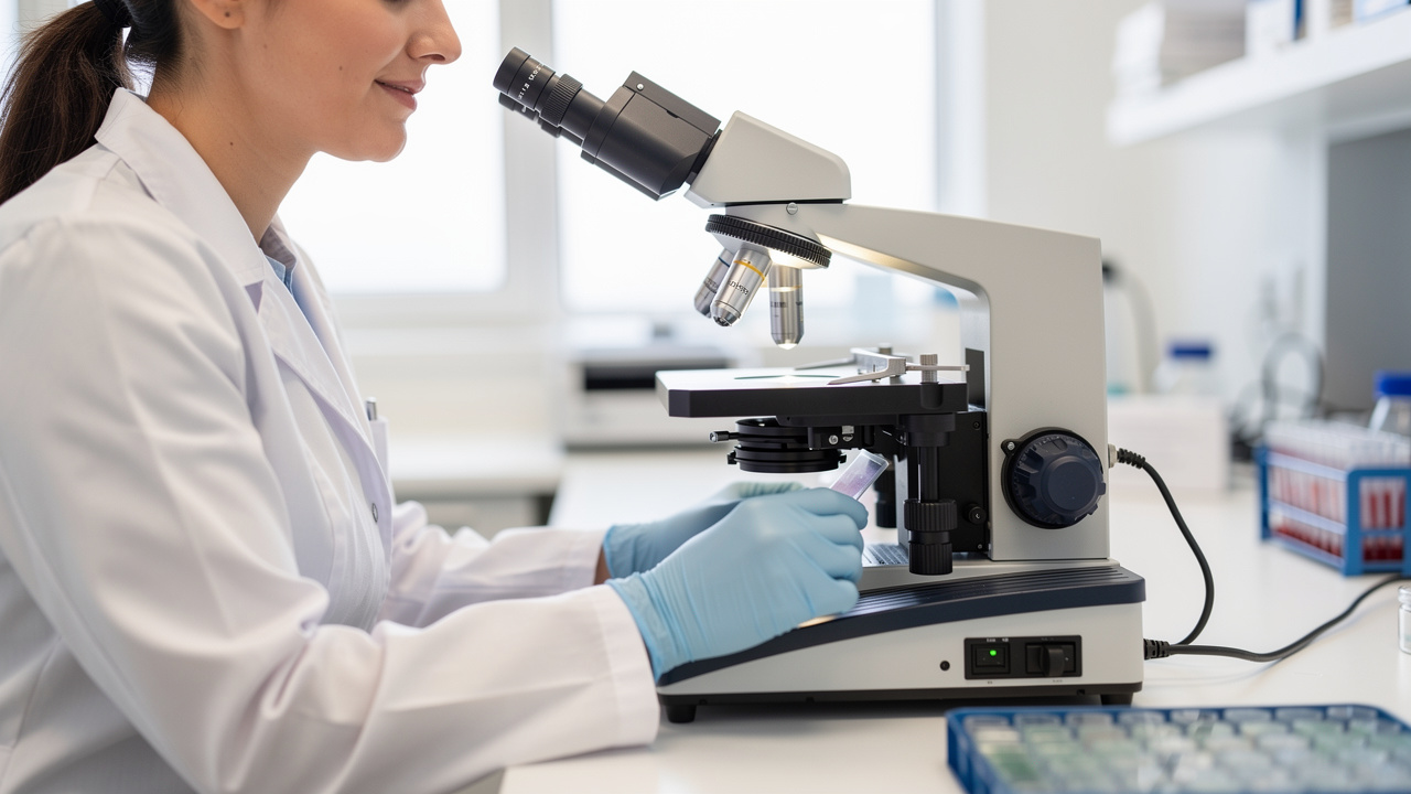 A pathologist studies slides during a Pathology Consultation Diagnosis review.