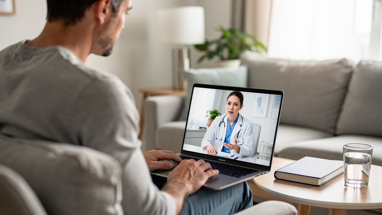 A patient discusses Pathology Consultation Diagnosis during a calm telemedicine visit.