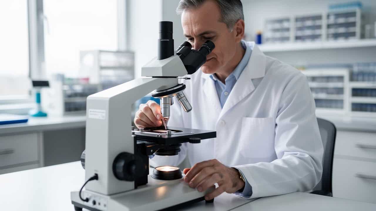 A Pathology Consultation Expert reviews slides at a microscope in a quiet laboratory.