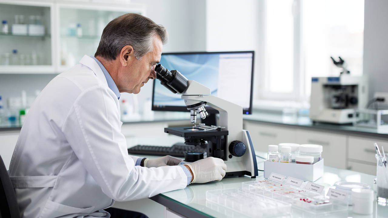 Pathologist reviewing Pathology consultation results at a microscope in a modern laboratory.
