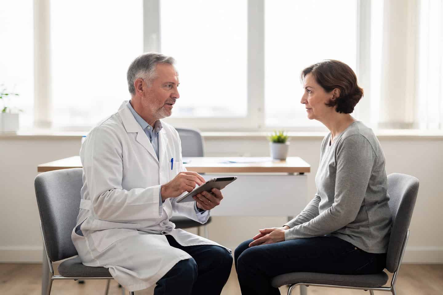 A doctor explains Pathology consultation results to a patient in a calm office setting.