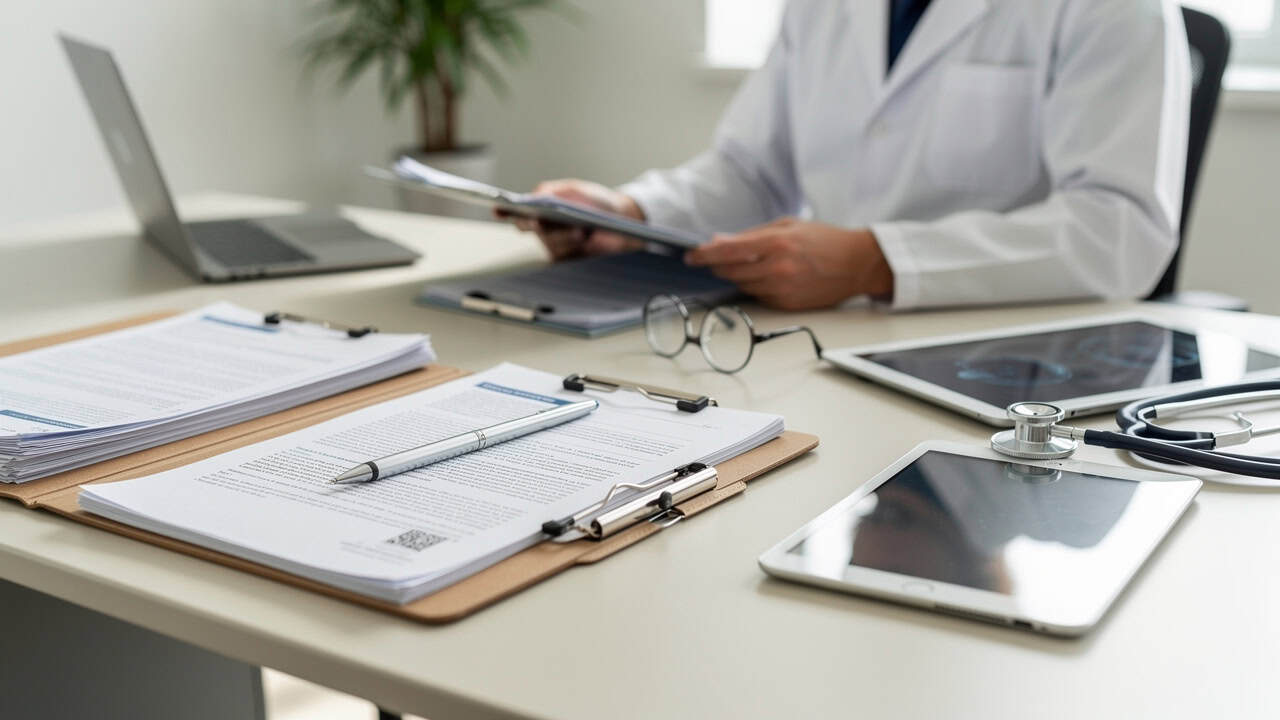 Medical records and reports are organized during a Pathology consultation results review.