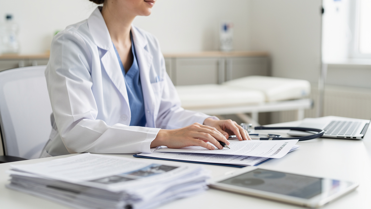Clinician reviewing medical records for Pathology consultation results before a patient visit.
