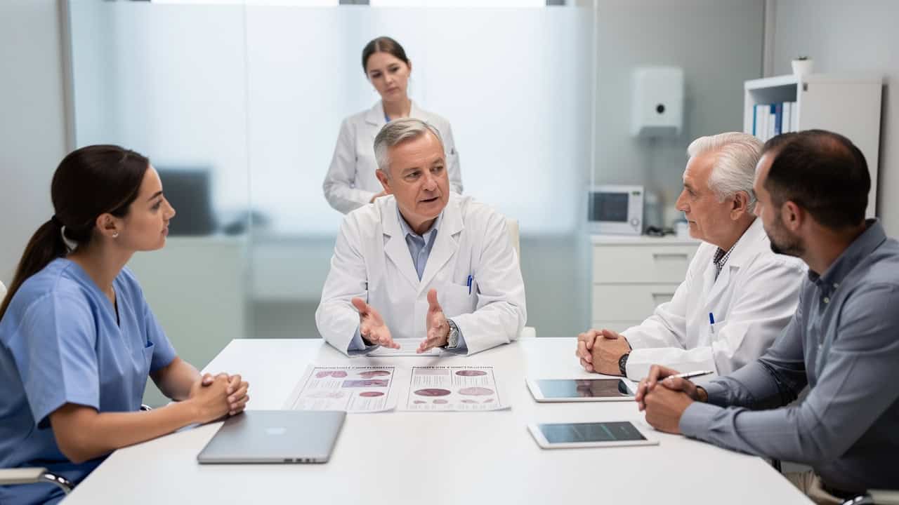 A hospital care team discusses Pathology consultation results during a clinical meeting.