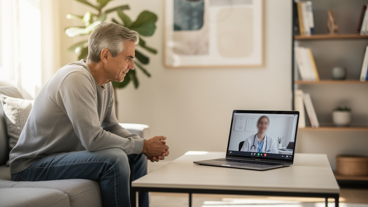 Patient discussing Pathology consultation results during a telemedicine appointment at home.