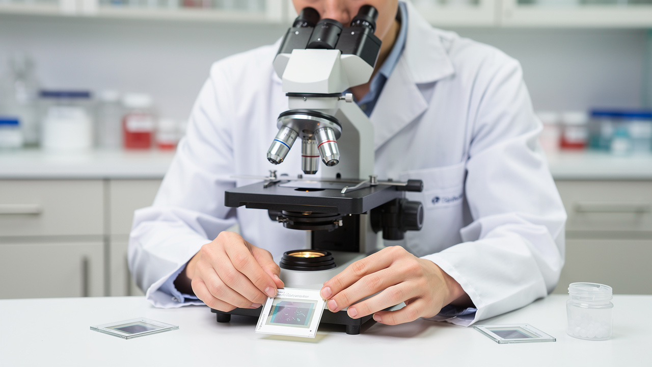 A pathologist reviews slides during a pathology consultation second opinion in a laboratory.