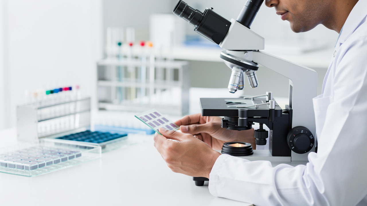 A pathologist reviews slides under a microscope for a pathology consultation second opinion.