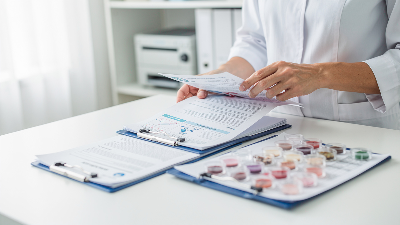 A clinician organizes records for a pathology consultation second opinion and report review.