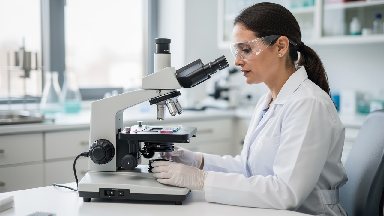 Pathology Report Explained through careful microscope review in a modern laboratory.