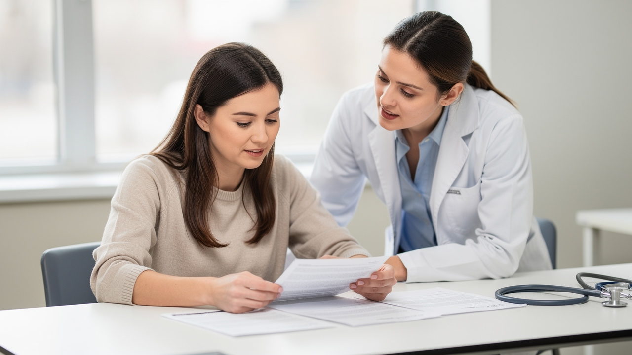 Pathology Report Explained as a patient reviews medical papers with support nearby.