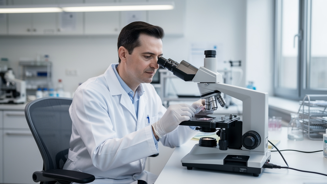 Pathologist reviewing slides under a microscope for Pathology Report Red Flags in a laboratory.