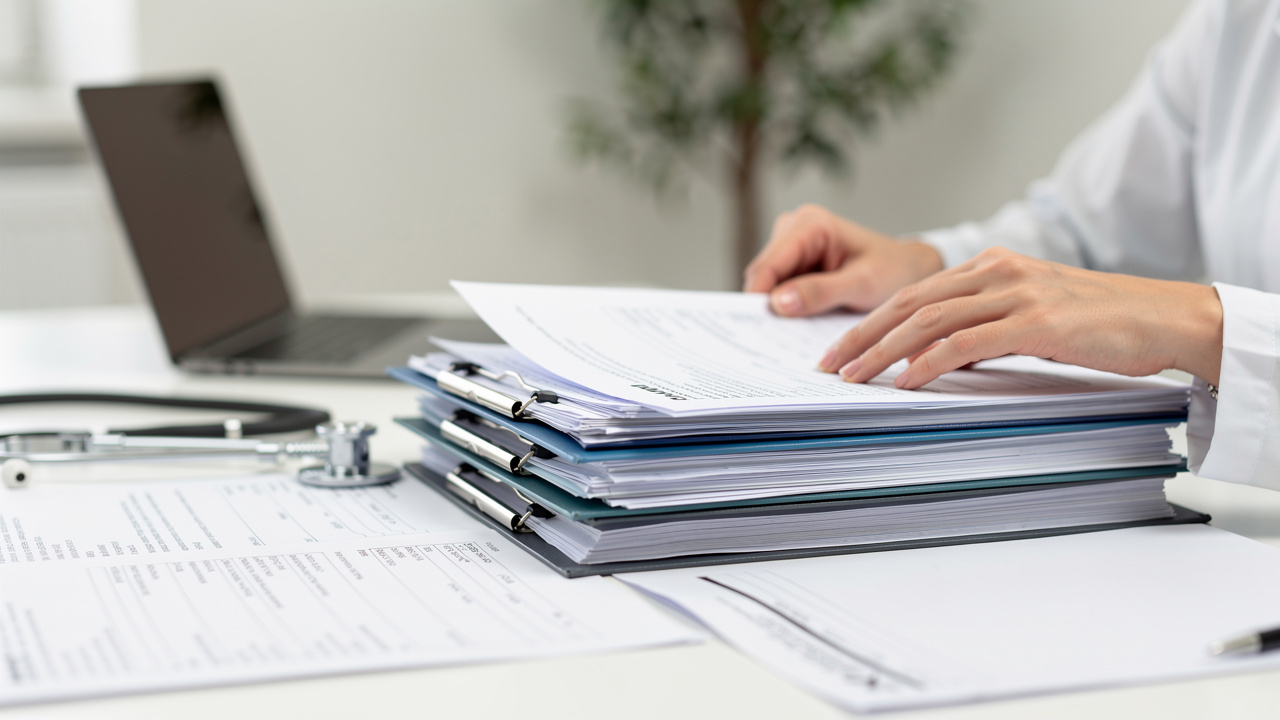 Medical records and biopsy paperwork being reviewed for Pathology Report Red Flags on a desk.