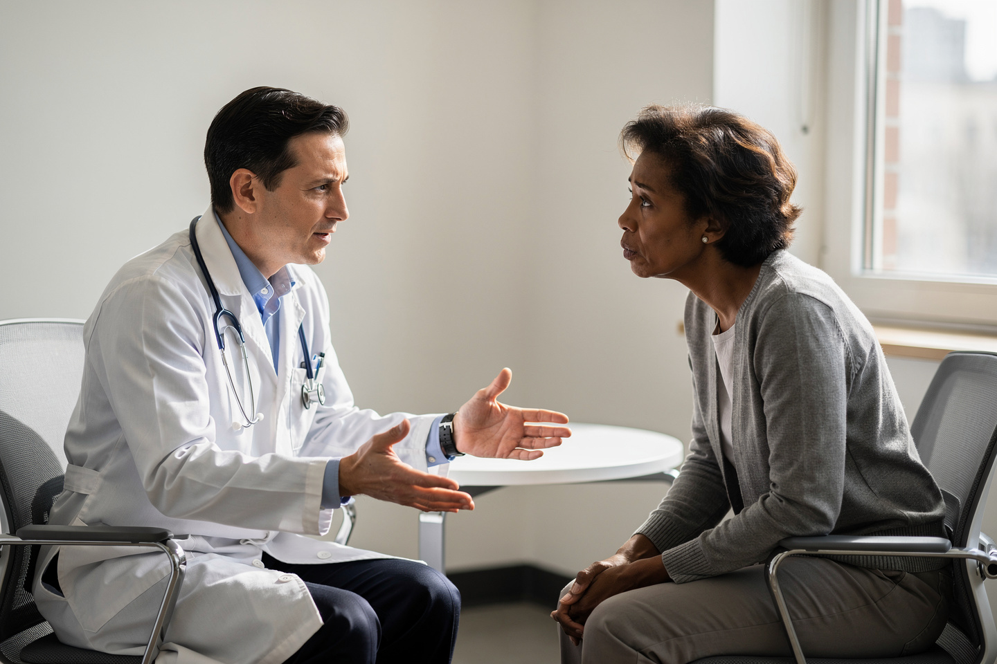 Doctor explaining Pathology Report Red Flags to a worried patient in a calm consultation room.