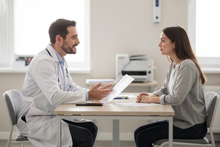 Pathology report results being discussed clearly during a calm doctor and patient consultation.