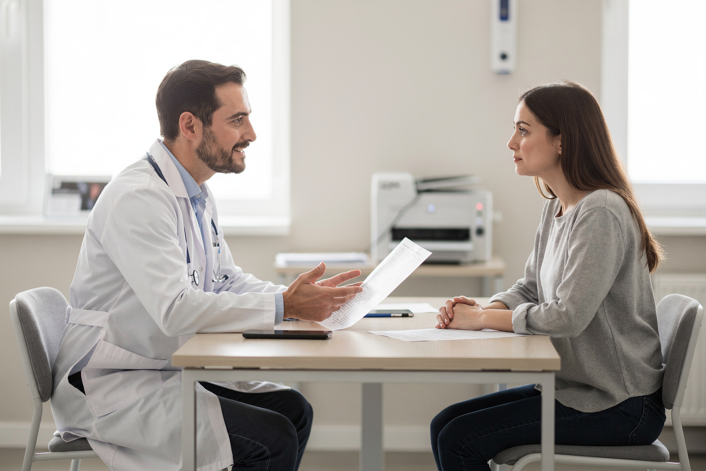 Pathology report results being discussed clearly during a calm doctor and patient consultation.