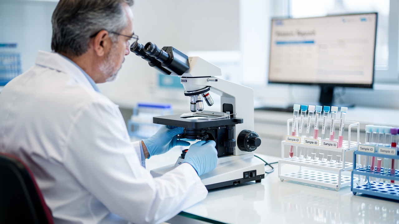 Pathology report results reviewed by a pathologist at a microscope in a bright laboratory. Pathology report results reviewed by a pathologist at a microscope in a bright laboratory.