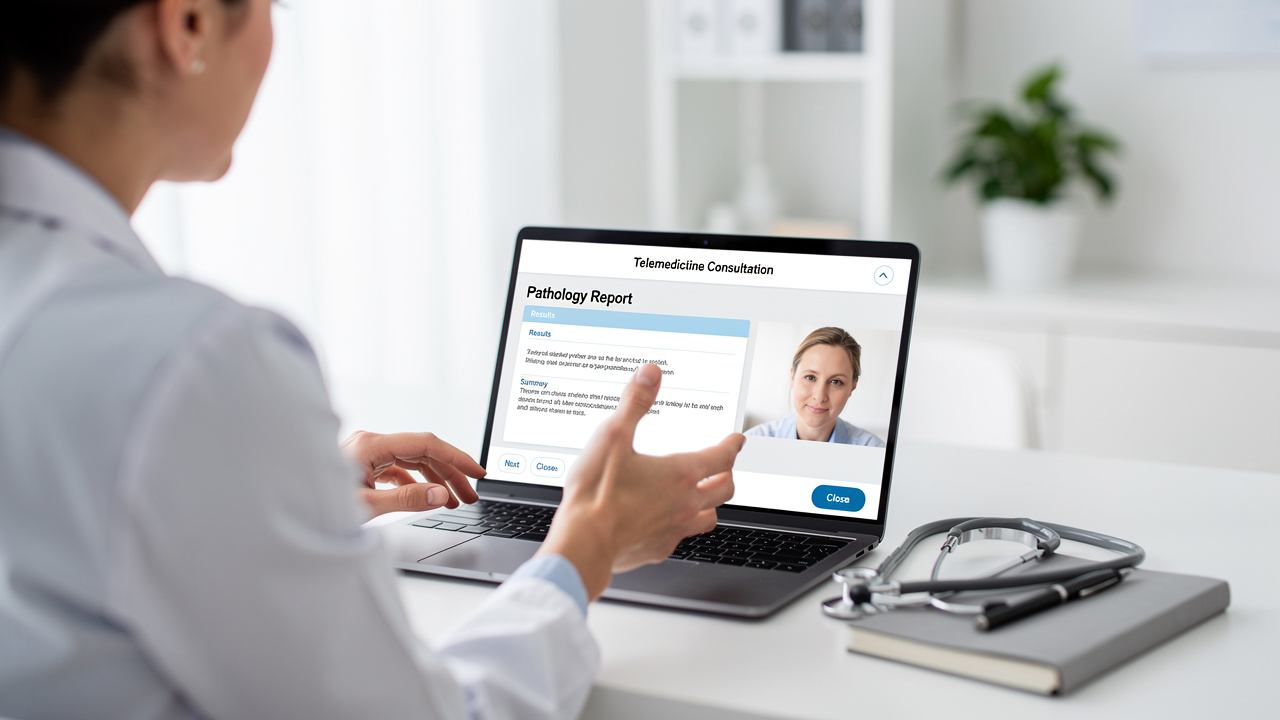 Pathology report results explained through a supportive telemedicine consultation on a laptop. Pathology report results explained through a supportive telemedicine consultation on a laptop.