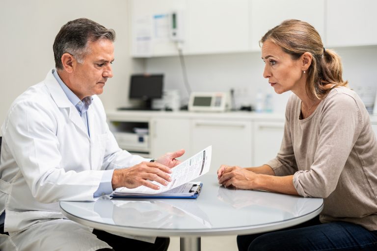 A doctor reviews documents during a pathology report review consultation with a concerned patient.