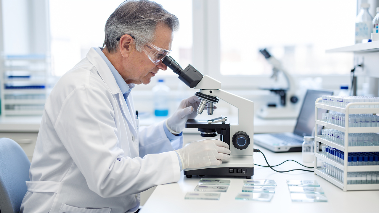A pathologist examines slides in a laboratory as part of a pathology report review. A pathologist examines slides in a laboratory as part of a pathology report review.