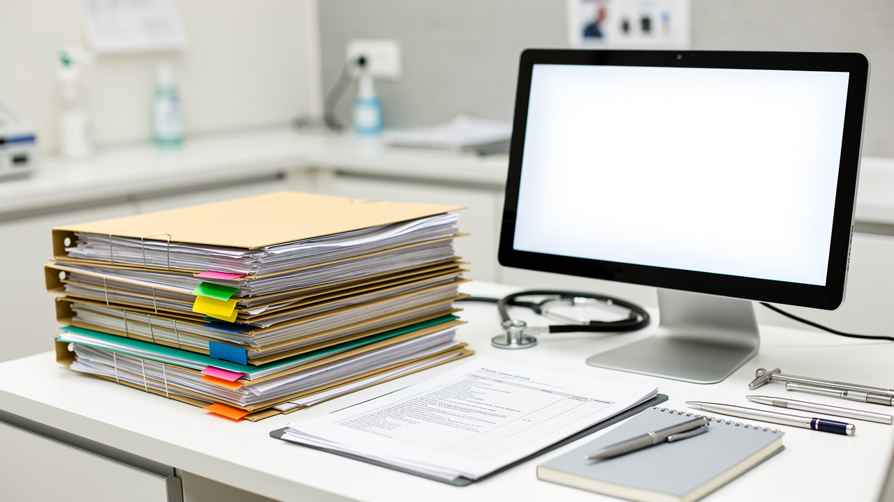 Organized medical records and notes support a detailed pathology report review. Organized medical records and notes support a detailed pathology report review.
