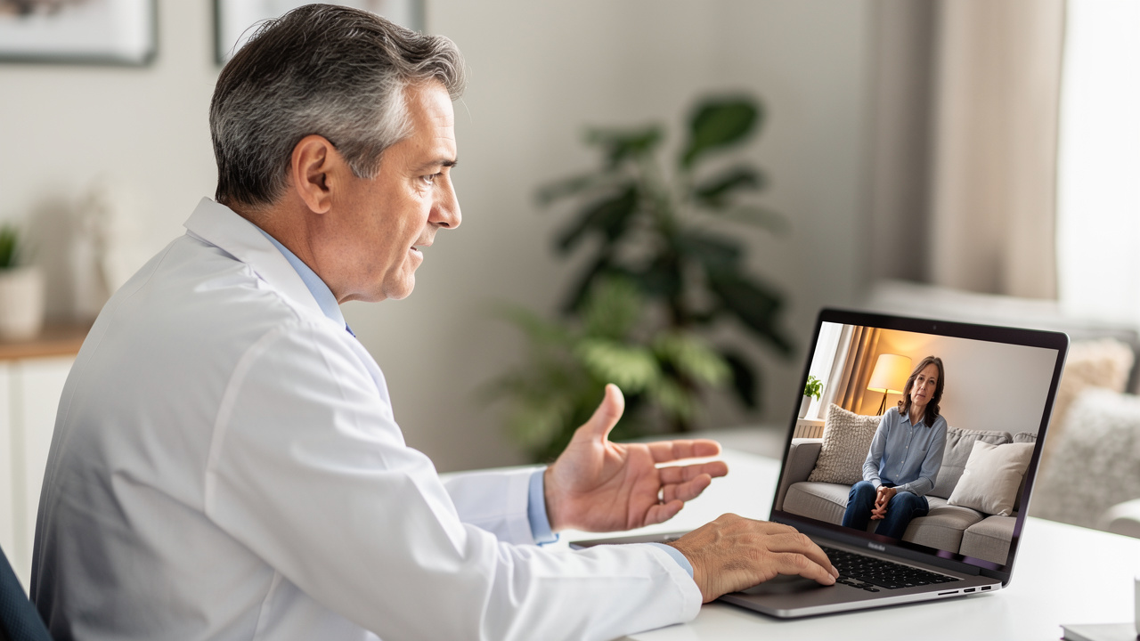 A telemedicine visit helps explain pathology report review findings to a patient at home. A telemedicine visit helps explain pathology report review findings to a patient at home.