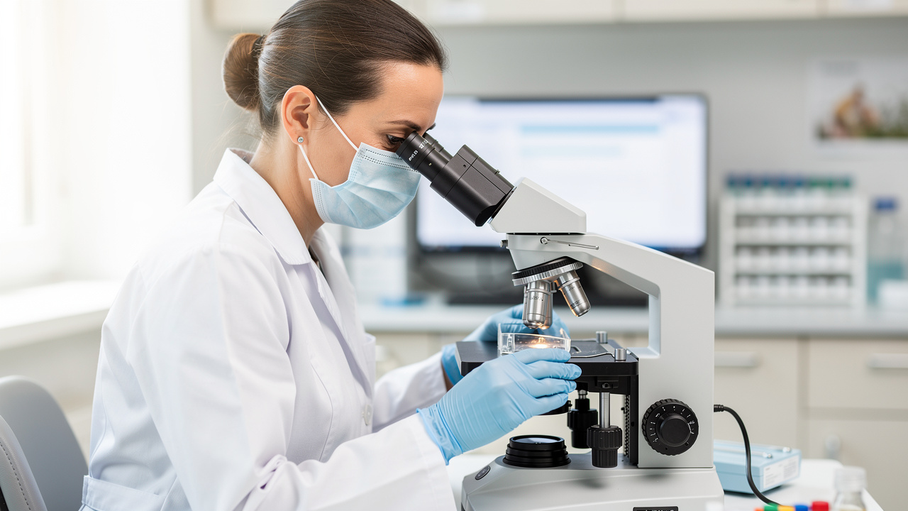 Pathologist using a microscope during Pathology Report Review in a laboratory.