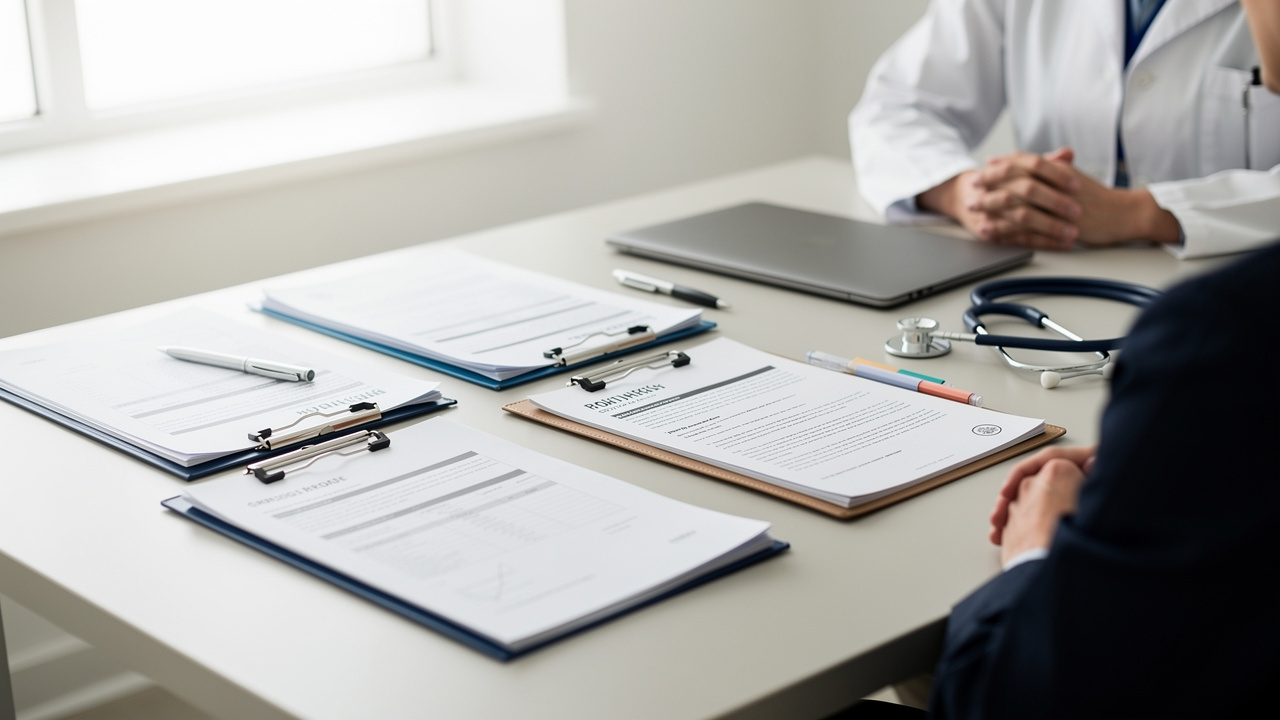 Medical records on a consultation desk for Pathology Report Review before care planning.