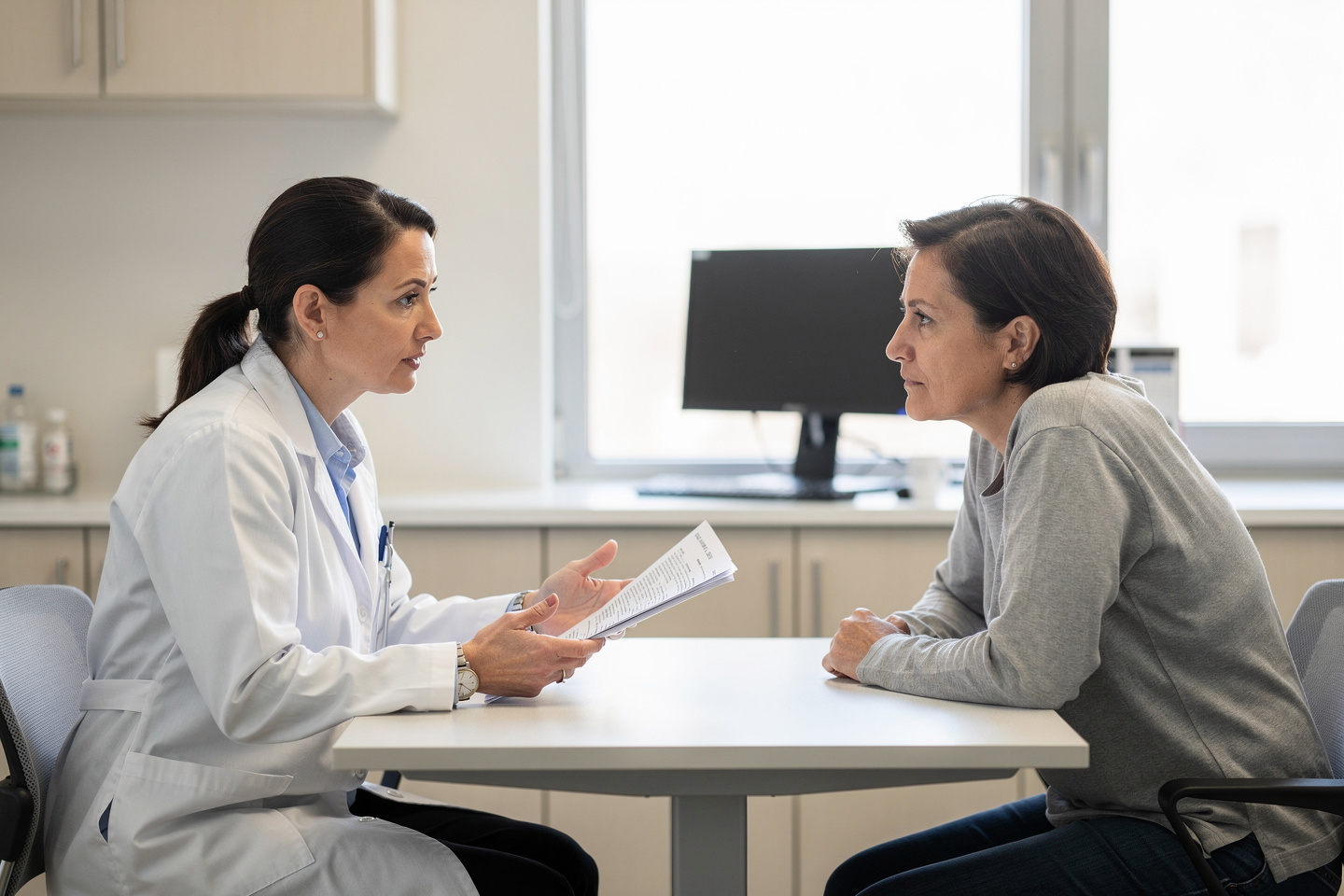 Doctor explaining Pathology Report Review to a patient before treatment decisions.