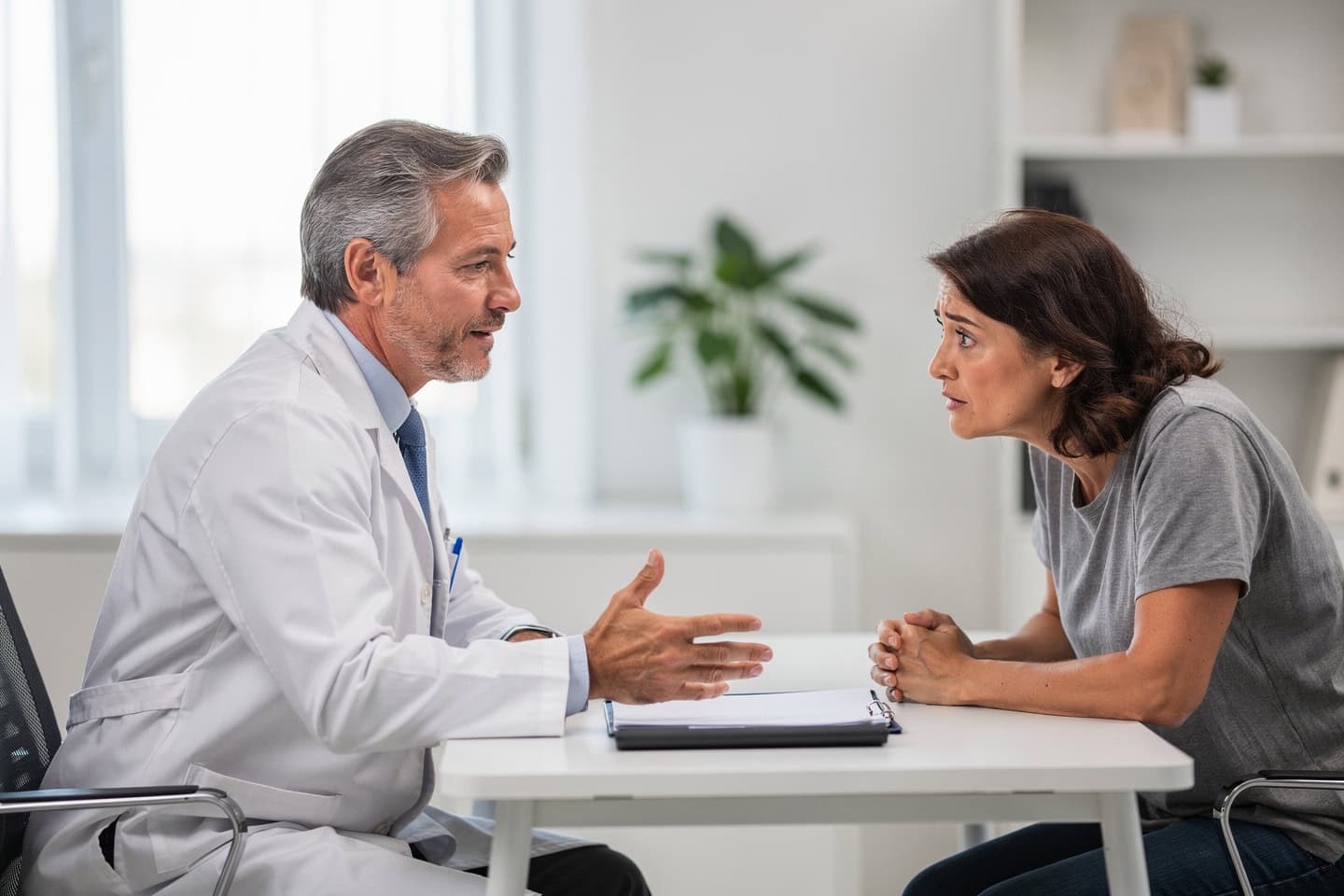 A doctor explains pathology report second opinion options to a worried patient in a calm office.