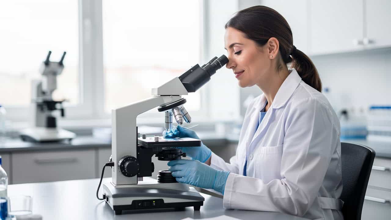 A pathologist reviews slides for a pathology report second opinion in a bright laboratory.