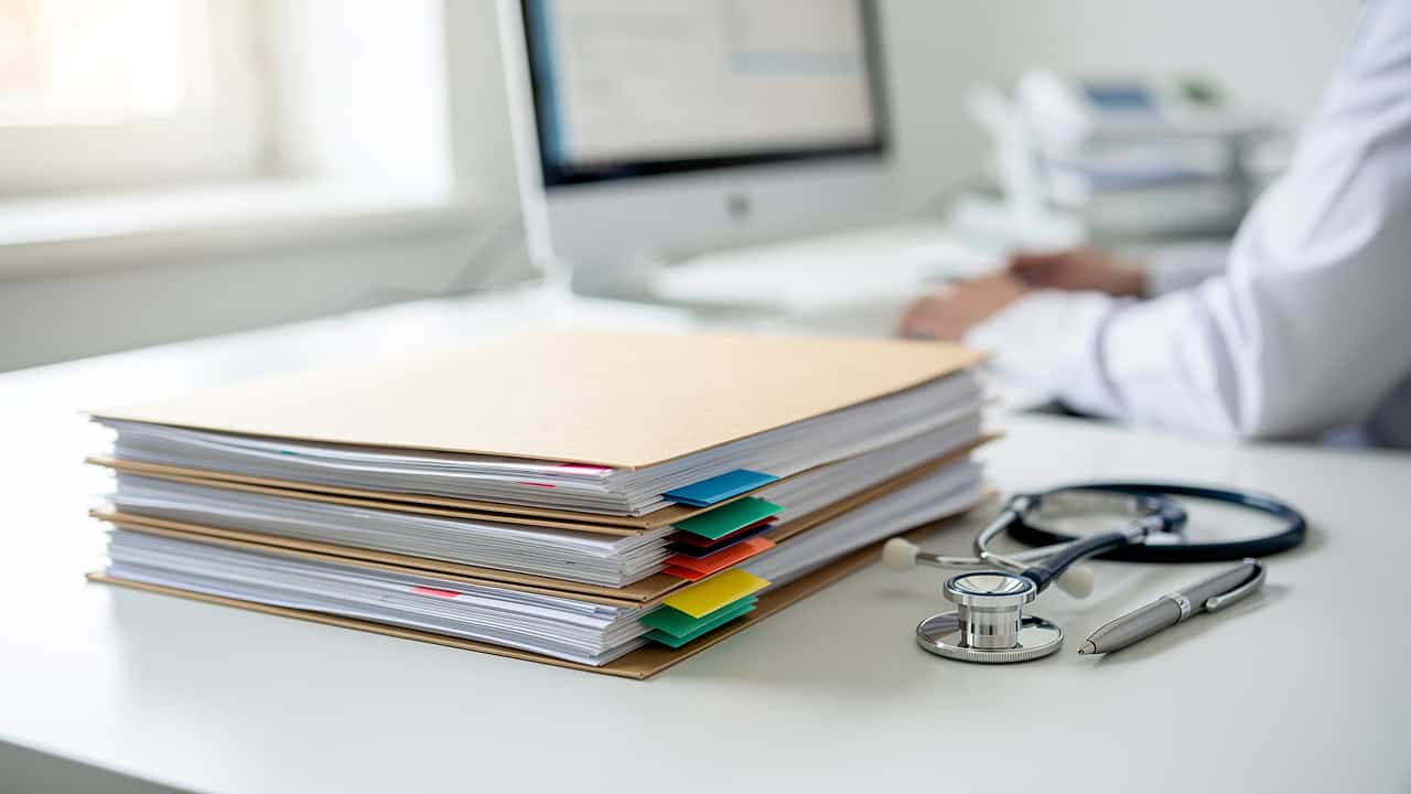 Medical records are organized before a pathology report second opinion review.