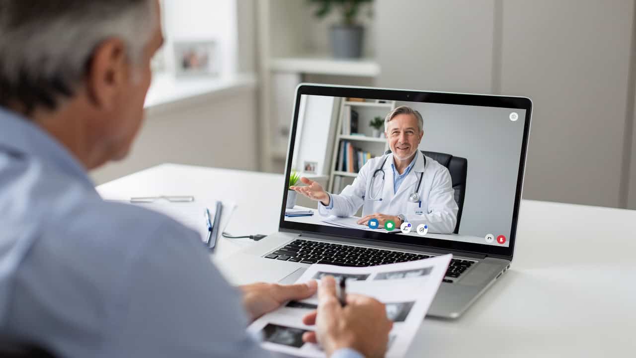 A patient discusses pathology report second opinion questions during a telemedicine visit.