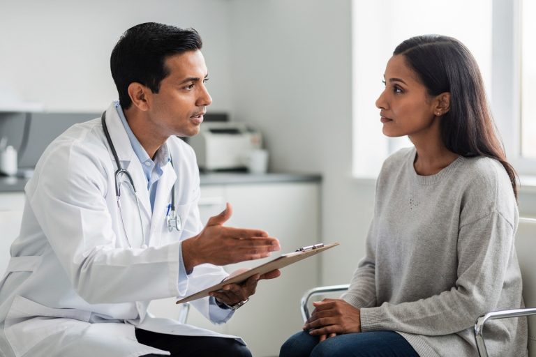 Doctor explaining Pathology report sections to a patient during a calm consultation.