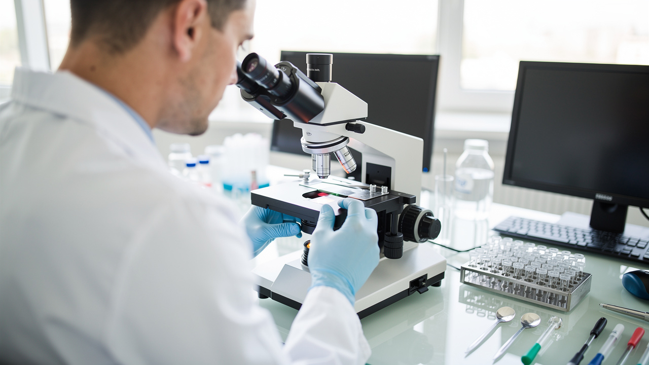 Pathologist reviewing slides that help determine Pathology report sections in the laboratory. Pathologist reviewing slides that help determine Pathology report sections in the laboratory.