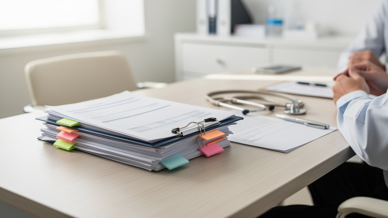 Medical records and notes arranged for review of Pathology report sections. Medical records and notes arranged for review of Pathology report sections.