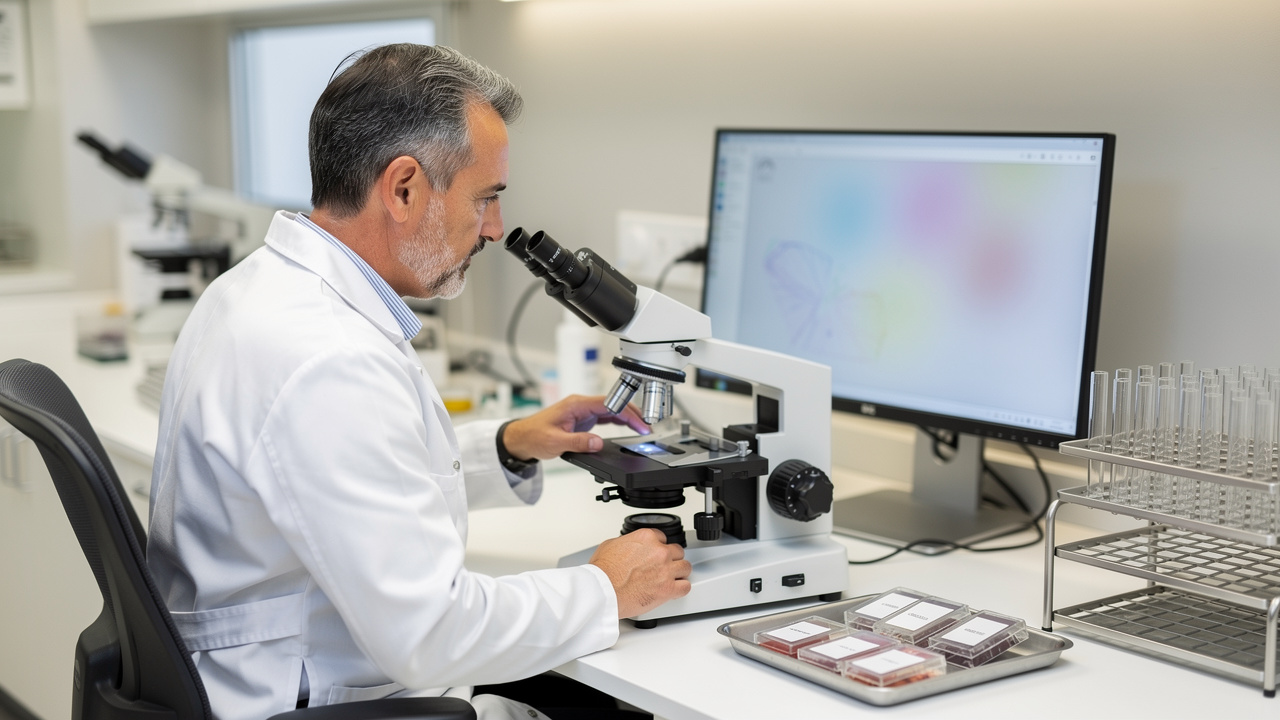 Pathologist reviewing slides that influence pathology report treatment decisions in a modern laboratory.