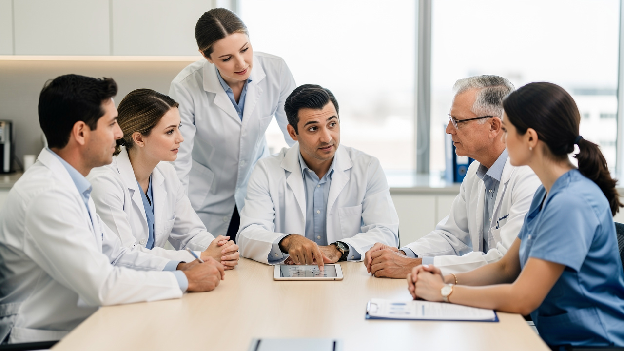Cancer care team discussing pathology report treatment decisions during a multidisciplinary meeting.