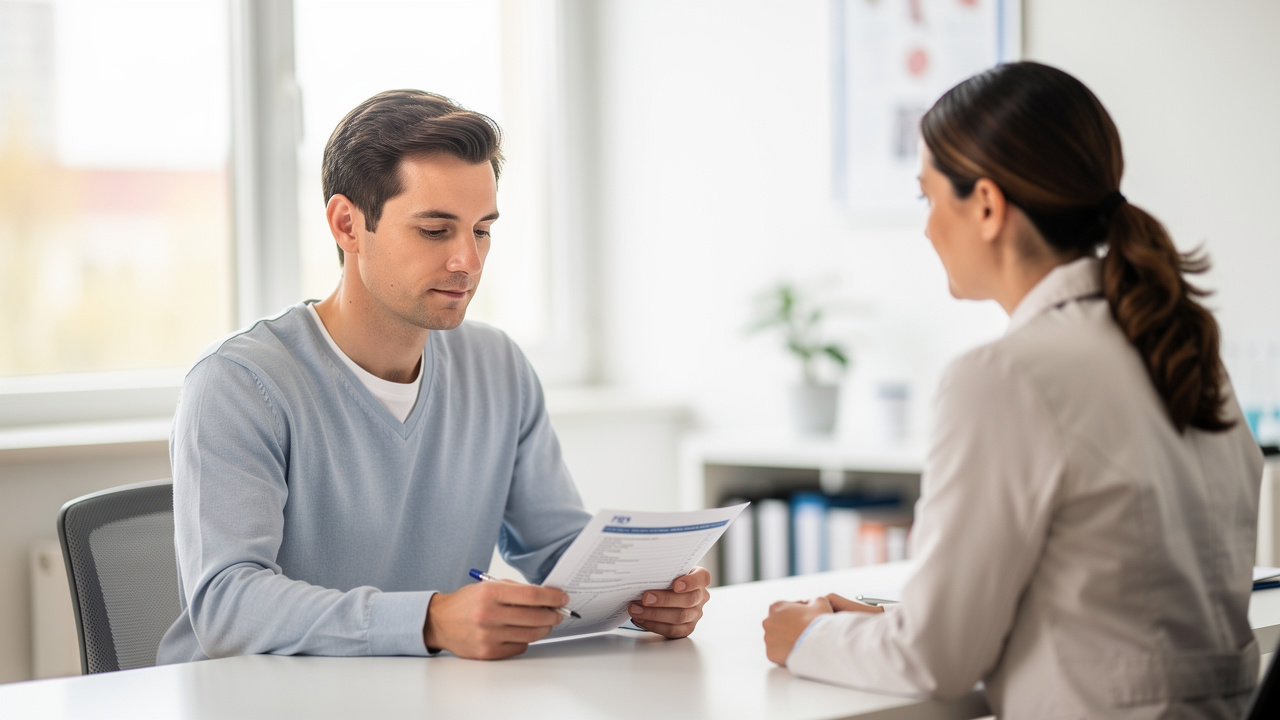 Patient reviewing medical records related to pathology report treatment decisions before an appointment.