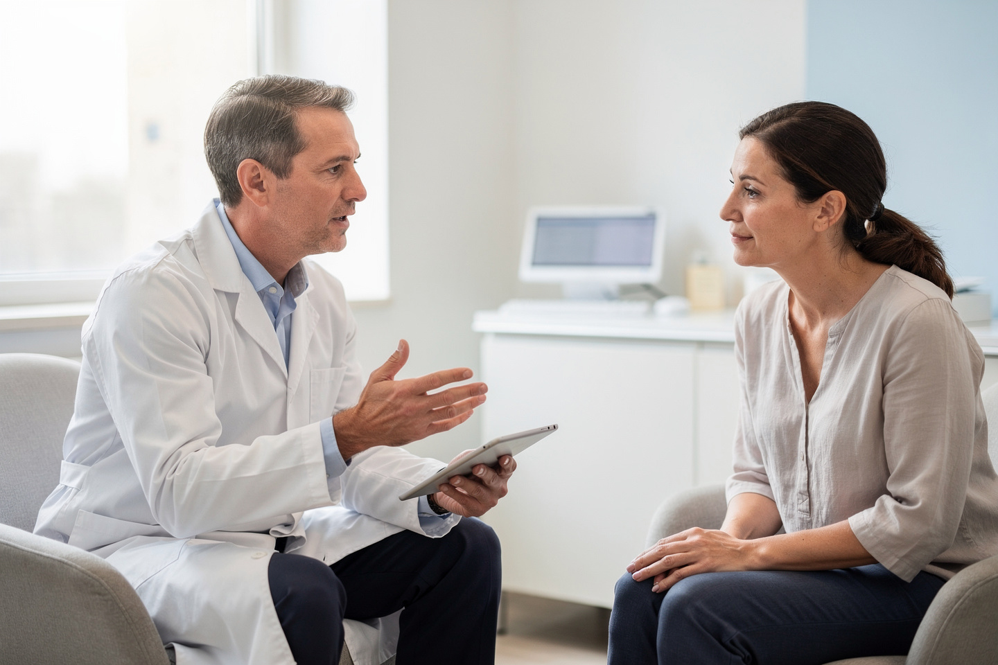 A doctor explains pathology second opinion accuracy to a patient during a calm consultation.