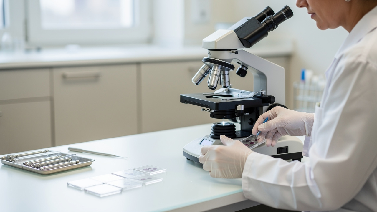 A pathologist reviews microscope slides as part of pathology second opinion accuracy.
