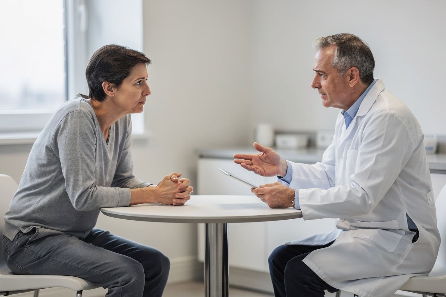 A doctor explains Pathology second opinion costs to a patient during a calm consultation.