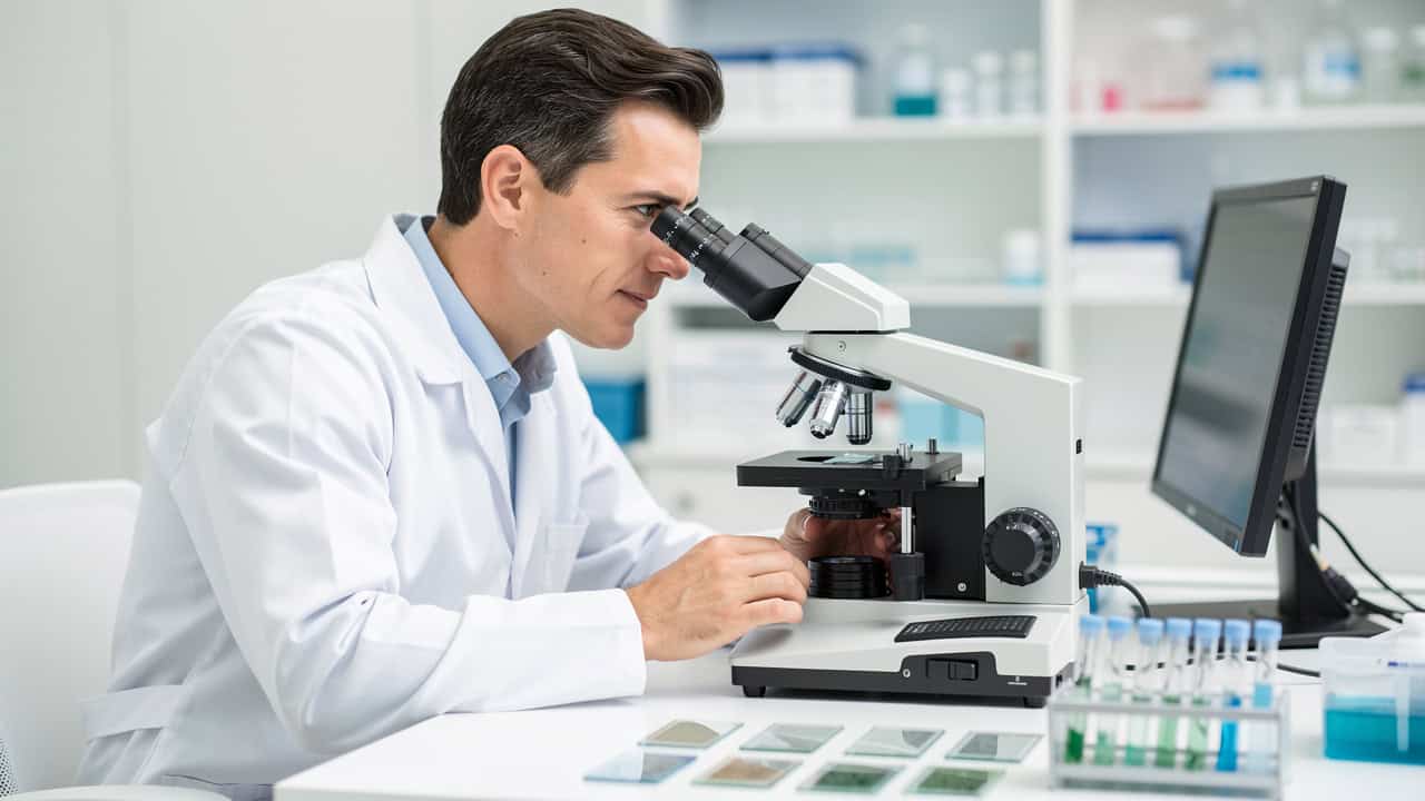 A pathologist at a microscope reviews slides that may affect Pathology second opinion costs.