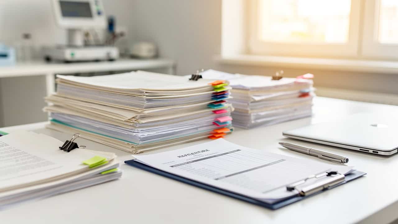 Medical records on a desk represent the paperwork involved in Pathology second opinion costs.